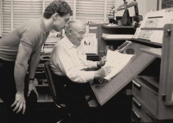 Disney animator Andreas Deja, left, with Eric Larson, 1980.
